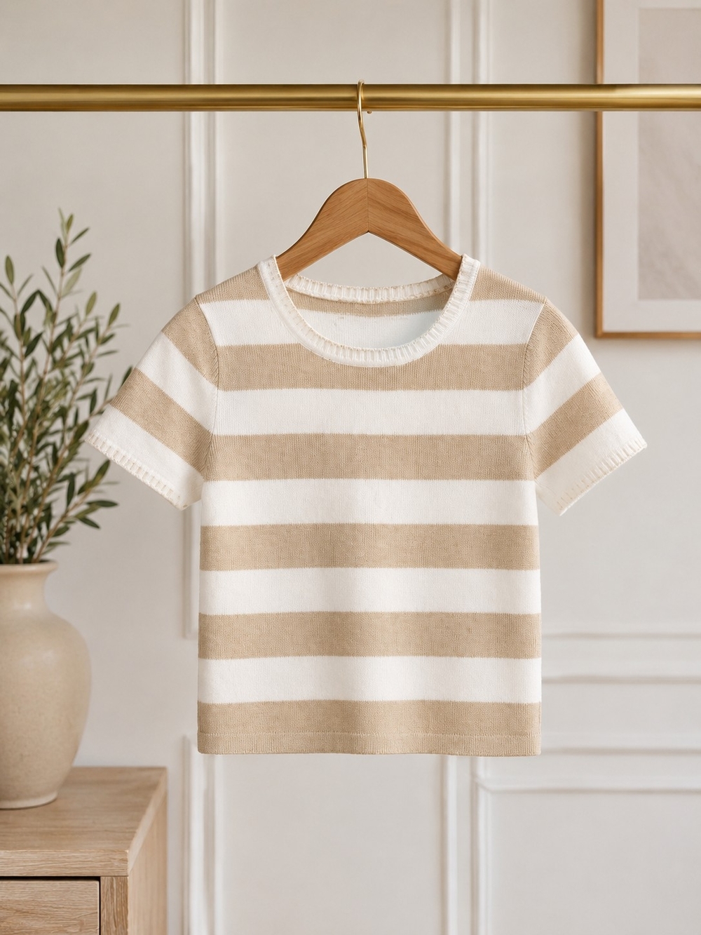 Beige/White Striped Knit Crew Neck Short Sleeve Basic T-Shirt Kids 6/7